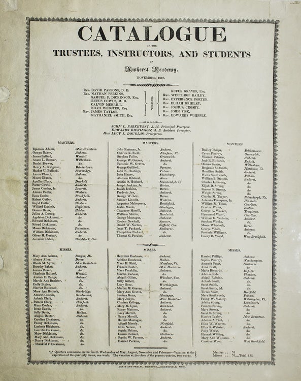Item #300085 Catalogue of the Trustees, Instructors, and Students of Amherst Academy November, 1818. AMHERST, Emily DICKINSON.