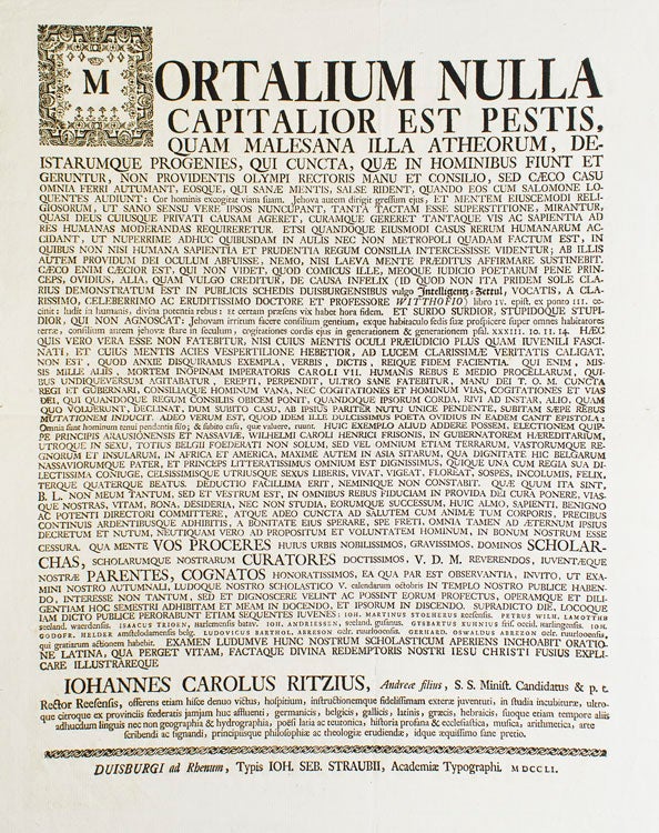 Item #300123 Mortalium nulla capitalior est pestis, quam malesana illa atheorum, deistarum progenies … [drop title]. Johannes Carolus Ritzius.