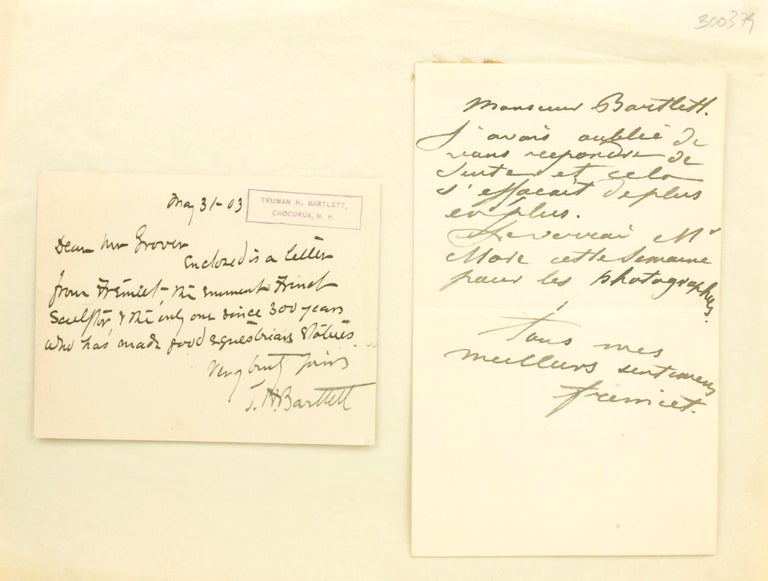 Item #300379 Autograph Letter, Signed. To American Sculptor Theodore H. Bartlett (1835-1922). With: ALS from Bartlett to Mr. Grover about Frémiet... "French sculptor, & the only one since 300 years who has made good equestrian statues..." Emmanuel Frémiet.