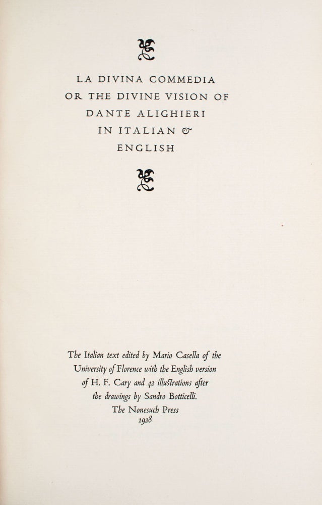 La Divina Commedia, or The Divine Vision of Dante Alighieri in Italian and English. The Italian text edited by Mario Casella.. with the .English version of H.F. Cary
