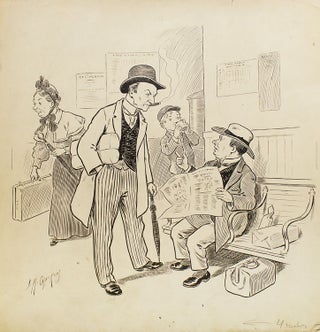 Item #301201 Pen and Ink Drawing. Undoubtedly for Puck. People at Train Station. L. M. Glackens,...