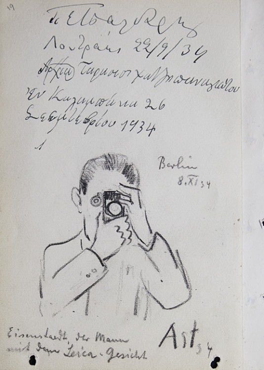 Autographs and inscriptions of Maxim Litvinoff, Anthony Eden, and others at Geneva and Berlin 1934; caricature of Eisenstaedt, der Mann mit dem Leica-Gesicht, Berlin 8.XI. 34, signed Apt 34; and inscriptions in Cyrillic