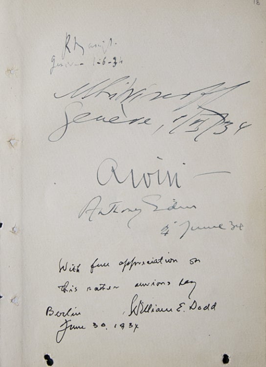 Autographs and inscriptions of Maxim Litvinoff, Anthony Eden, and others at Geneva and Berlin 1934; caricature of Eisenstaedt, der Mann mit dem Leica-Gesicht, Berlin 8.XI. 34, signed Apt 34; and inscriptions in Cyrillic