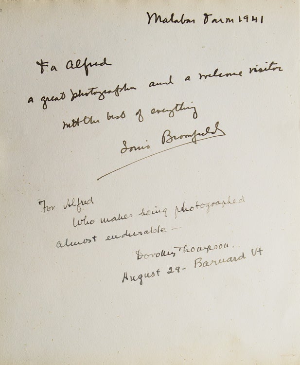 Sentiment "To Alfred Eisenstaedt with Best Regards, Wendell Wilkie." WITH on verso: ANs to Alfred Eisenstaedt from Louis Bromfield and below one from Dorothy Thompson to Eisenstaedt