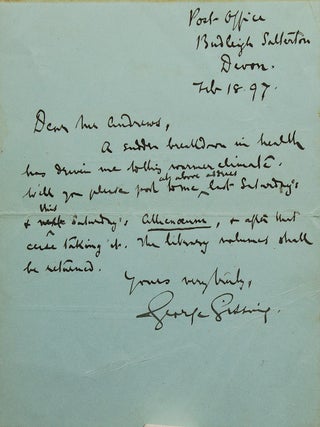 Item #301681 Autograph Note, signed (“George Gissing”), to James Andrews, requesting current...