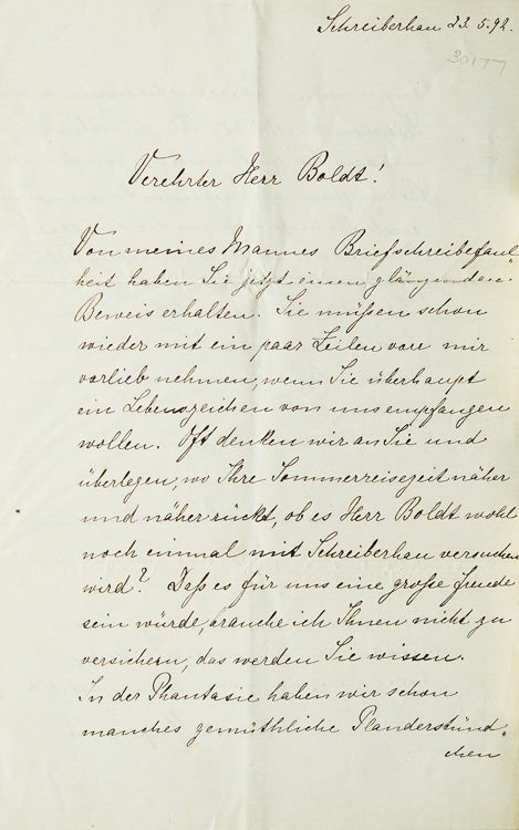 Item #30177 Autograph postscript signed “Gerhart Hauptmann” on autograph letter by Marie Hauptmann. To Herr Boldt. Gerhart Hauptmann, German writer.
