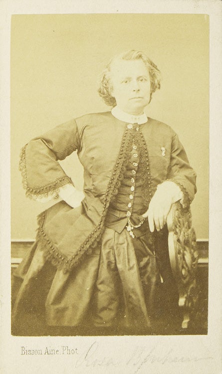 Item #30186 Carte de visite showing Bonheur leaning on a chair with hand on hip. Rosa Bonheur, French Painter.