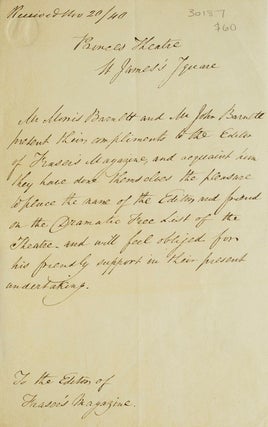 Item #30187 Autograph letter in the third person “Mr. Morris Barnett and Mr. John Barnett”....