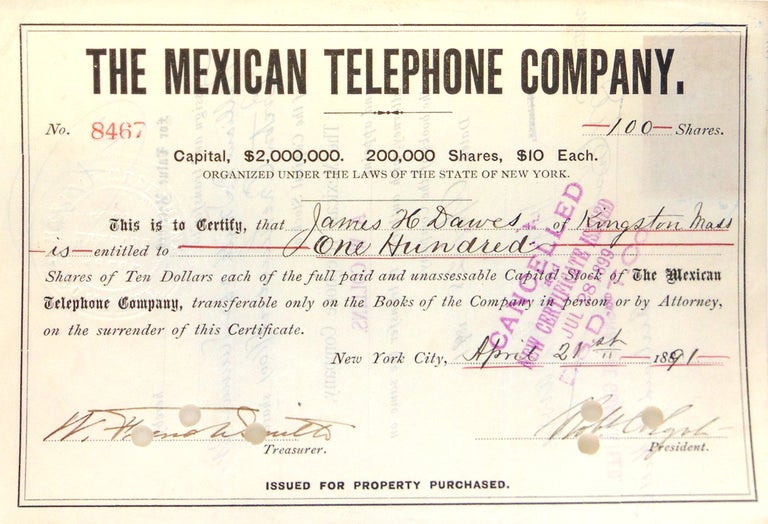 The Mexican Telephone Comapny Stock Certificates