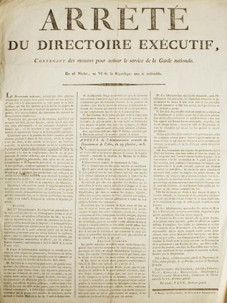 Item #302112 Printed Broadside, with caption title: Arrêté du Directoire Exécutif, contenant...