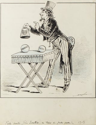 Item #302145 Cartoon of Uncle Sam or Brother Jonathan performing a trick with balls of Panama,...