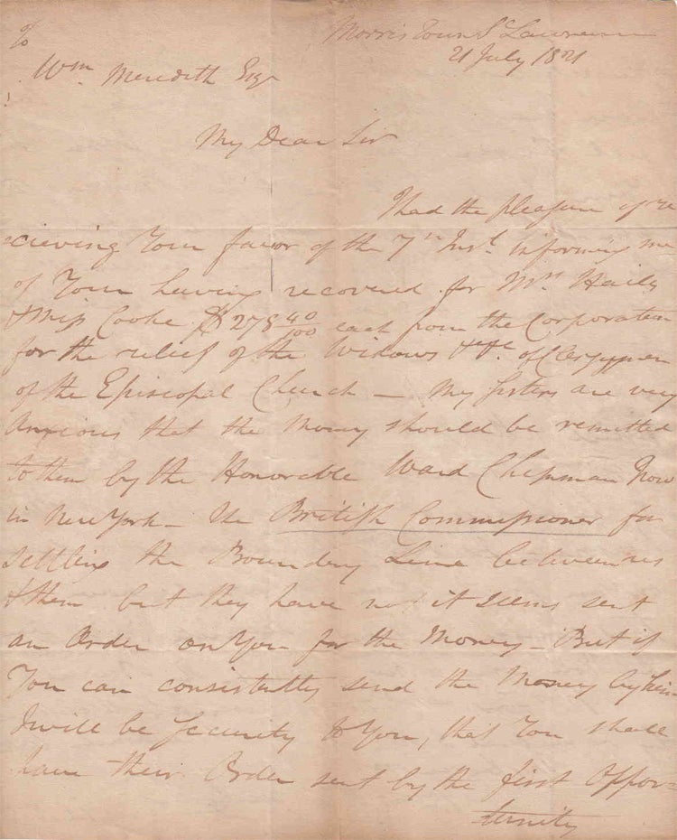 ALS. To William Meredith Esq. of Philadelphia about recovery of money