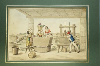 Item #302172 Watercolour of 3 women and man crushing grapes wine and pressing
