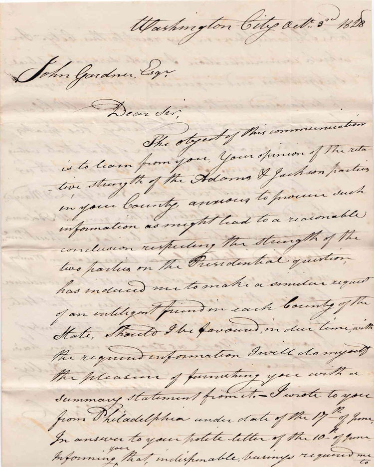 Autograph Letter, Signed "Wm Clark" To John Gardner of York, Pa inquiring as to Gardiner's "opinion of the relative strength of the Adams & Jackson parties in your County..."