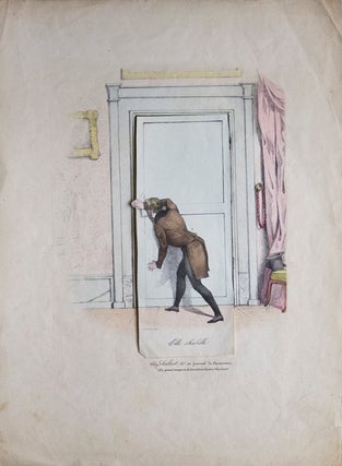 Item #302470 Print: Elle s'habille. Lift off caricacture of man peeking through a key hole of a...