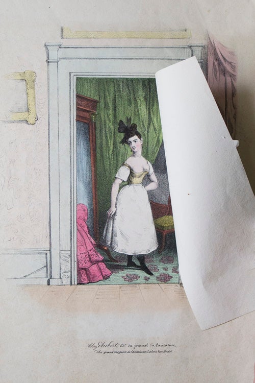 Print: Elle s'habille. Lift off caricacture of man peeking through a key hole of a lady undressed beneath