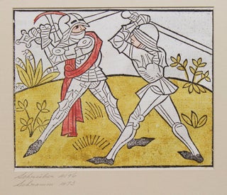 Item #303817 Handcolored woodcut illustration from Heldenbuch. The Monk and Giant. Johann Prüss