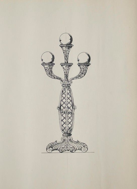 Item #304063 Original ink drawing of standing three bulb electric light fixture. George R. Benda.