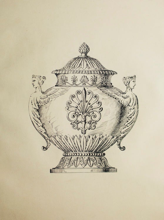 Item #304074 Original ink drawing of elaborate covered bowl. George R. Benda.