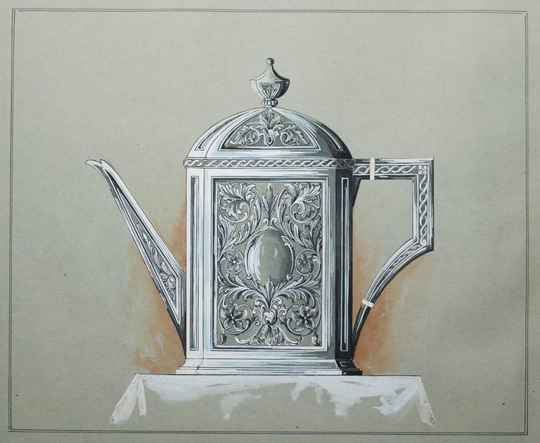Item #304075 Original drawing of a Tea Pot heightened in white. George R. Benda.