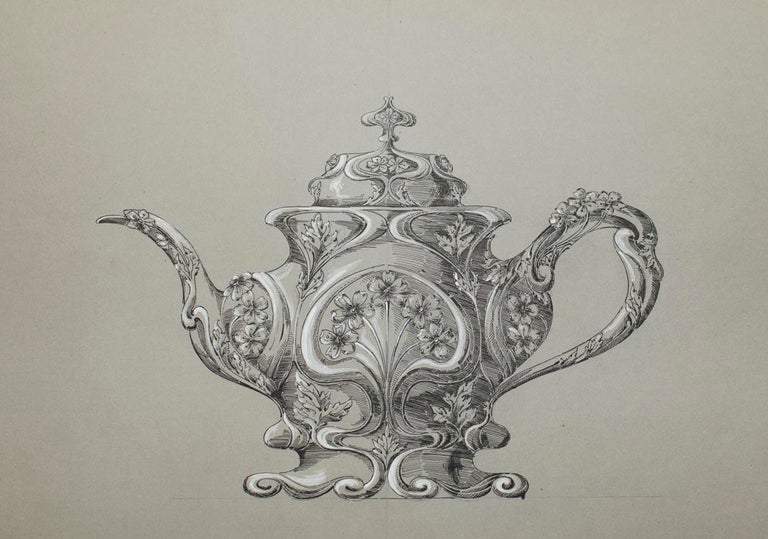 Item #304078 Original drawing of an Ornate Tea Pot heightened in white. George R. Benda.