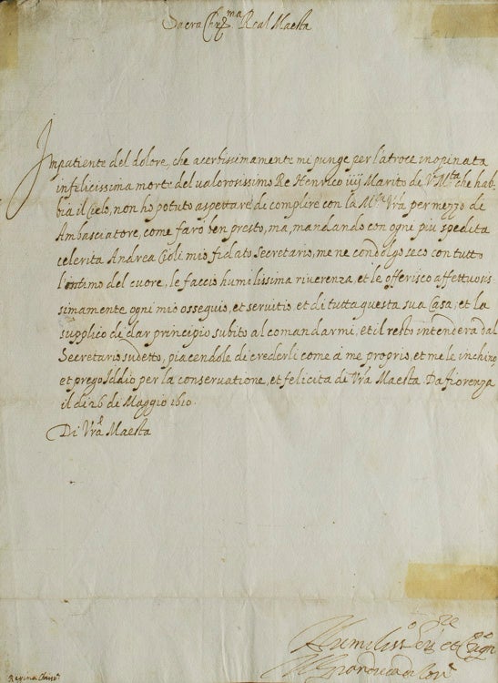 Letter signed to Marie de' Medici offering condolences on the assassination of her husband, Henry IV