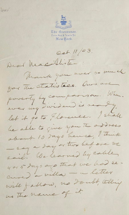 Item #304226 Autograph Letter, signed ("Mark") to his friend John MacAlister, on securing the return of his copyrights from Bliss and a guaranteed income from Harper’s. Samuel Langhorne Clemens.