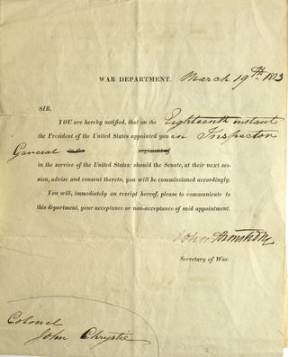 Item #304427 Partially printed document signed ("John Armstrong") as Secretary of War, appointing...