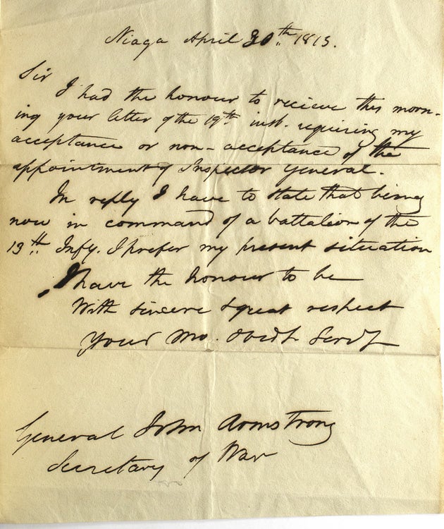 Partially printed document signed ("John Armstrong") as Secretary of War, appointing Colonel John Chrystie an Inspector General, with a draft of his reply declining the appointment