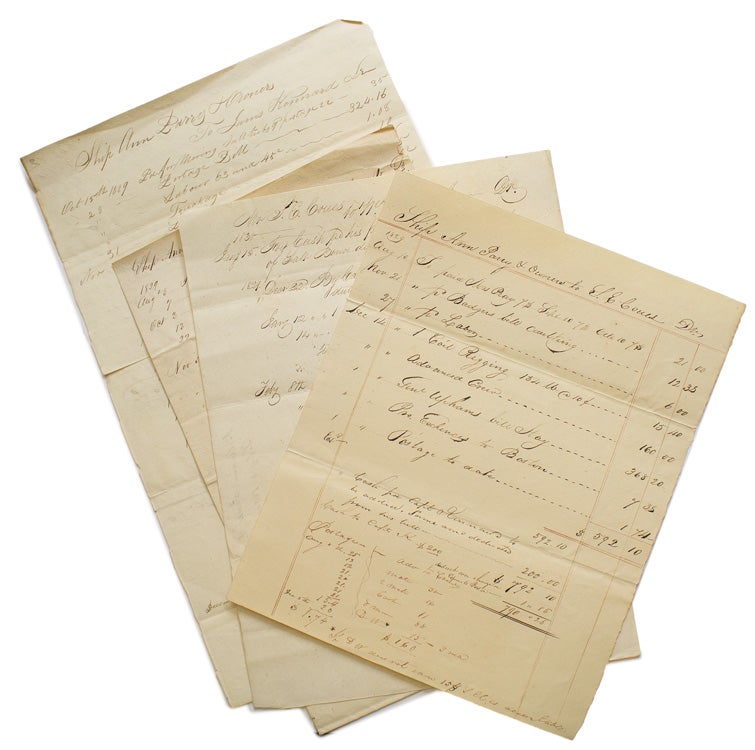 Item #304563 Papers of Shipments and Accounts Paid of the Ship Ann Parry. Including payment to Captain Kinnard of $200 PLUS MORE. Maritime.