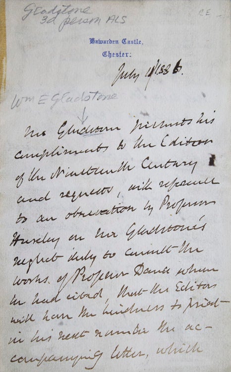 Item #304831 Autograph Letter Signed, in the Third person. To the Editor of the Nineteenth Century and quoting a letter from James D. Dana of New Haven. William E. Gladstone.