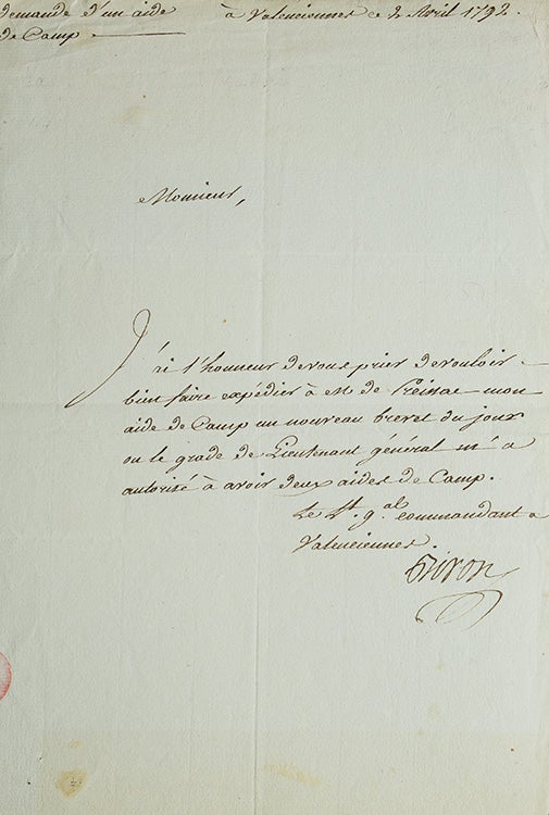 Autograph letter signed ("Biron") ordering the expedition of the appointment of his aide-de-camp