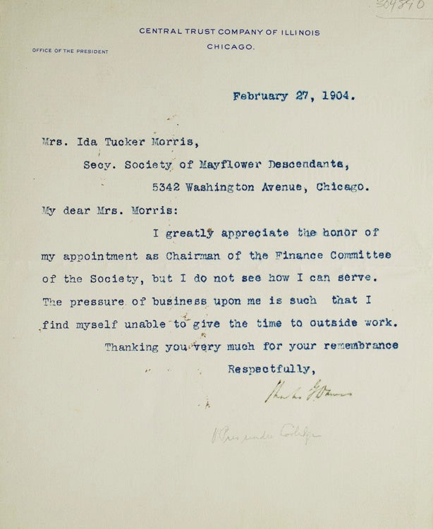 Item #304890 TLS. To Mrs Ida Tucker Morris of the Soc. of Mayflower Descendants accepting the Chairmanship of the Finance Committee. Charles G. Dawes.