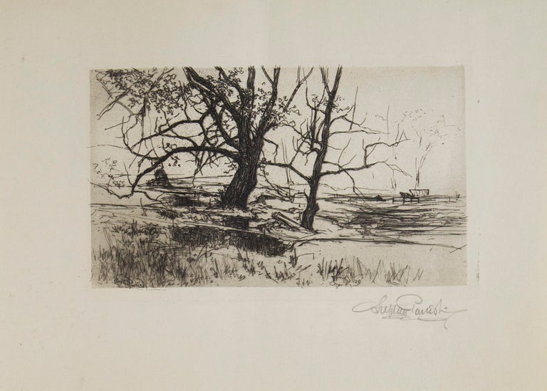 Item #304892 Etching with surface tone: Two Trees Winter Landscape with Trees. Stephen Parrish.