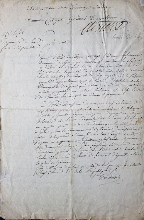Manuscript Document Signed by General Adam Philippe, Comte de Custine, and Claude Blanchard