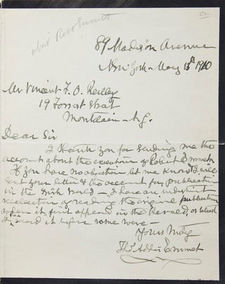 Item #304926 Autograph Letter, Signed. About Robert Emmet. Ireland, Thomas Addis Emmet