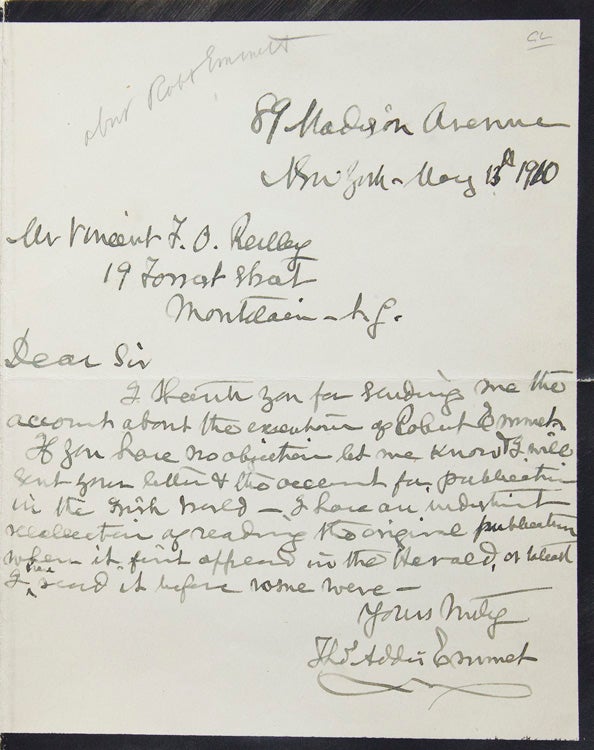 Item #304926 Autograph Letter, Signed. About Robert Emmet. Ireland, Thomas Addis Emmet.