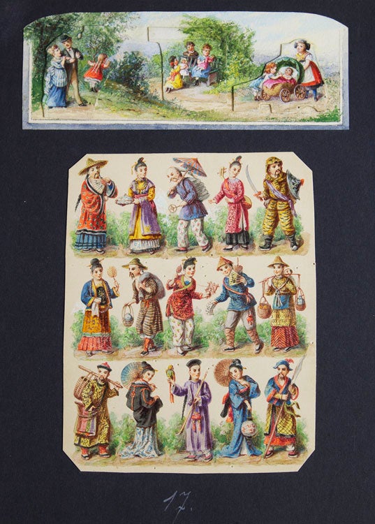 Item #304954 Watercolours with pencil and gum Arabic. A family strolling through the Countryside 48 x 132 mm, with arched top three groups of figures are drawn on card and affixed on the watercolor background. Emil Boehden.