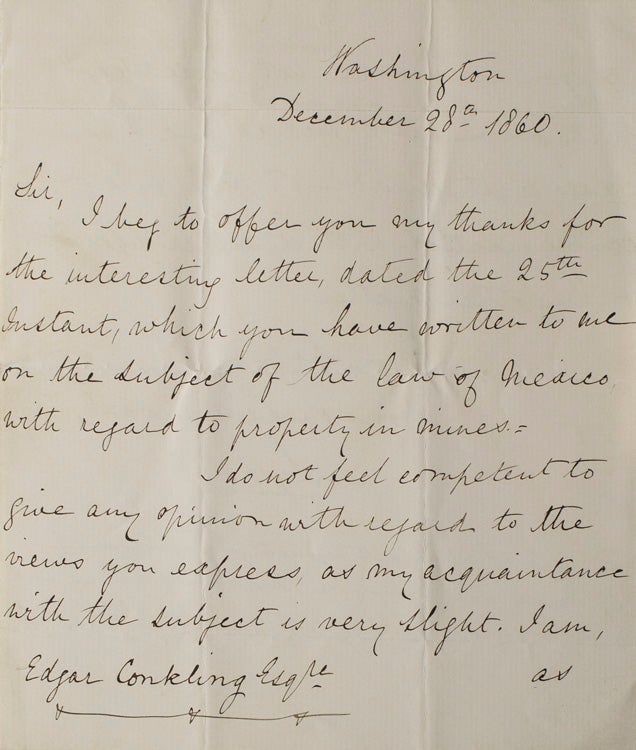 Item #304977 ALS. To Edgar Conkling Esq. About his lack of knowledge about the law of Mexico with regard to property in mines. Lord Lyons.