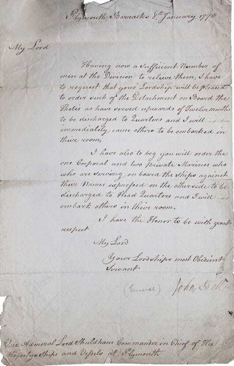 Item #304981 Letter signed to Vice Admiral Shuldham. John Bell, Lieutenant General.