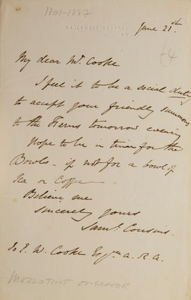 Item #305026 ALS. To Mr. E.W. Cooke, accepting an invitation to Bowls at the Fern. Samuel Cousins