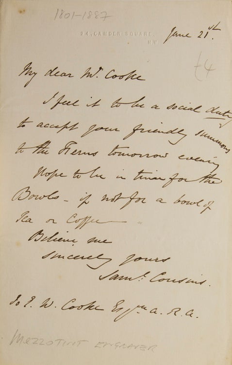 Item #305026 ALS. To Mr. E.W. Cooke, accepting an invitation to Bowls at the Fern. Samuel Cousins.