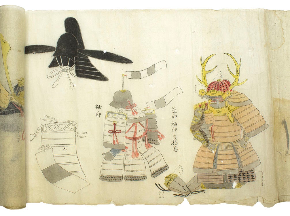Scroll of samurai armor and samurai stories, on thin rice paper, ink ...