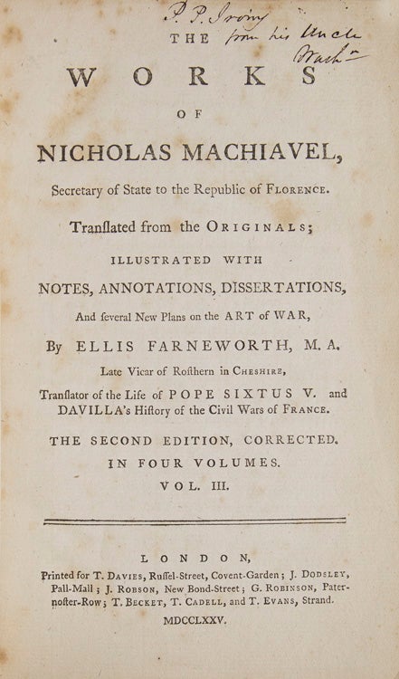 The Works of Nicolas Machiavel, Secretary of State to the Republic of Florence. Translated … by Ellis Farnesworth