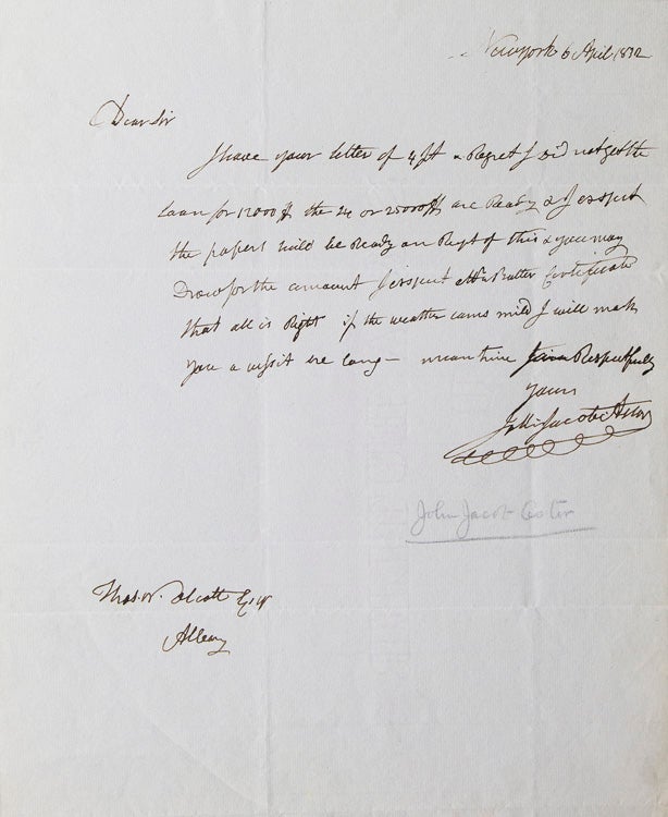 ALS. To Thomas W. Olcott. About a loan
