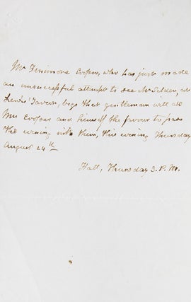 Item #305517 Autograph Note Signed in the third person ("Mr. Fenimore Cooper"), to a Mr. Selden....
