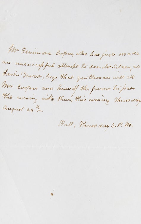 Autograph Note Signed in the third person ("Mr. Fenimore Cooper"), to a Mr. Selden