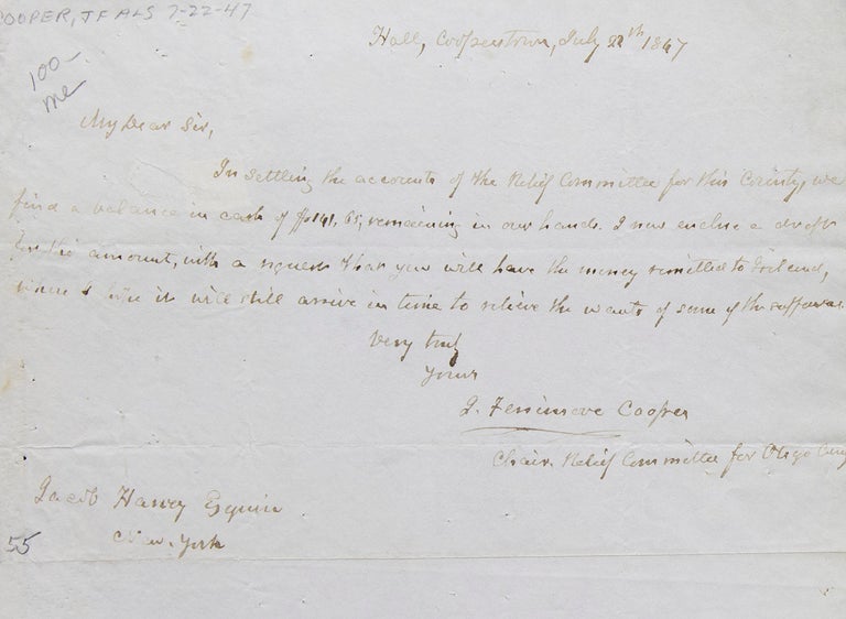 Autograph Letter Signed ("J. Fenimore Cooper") as Chairman of Relief Committee for Otsego County to Jacob Harvey