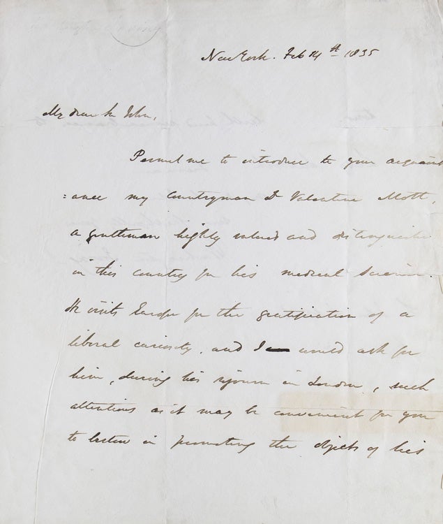 ALS. To Sir John (William) Lubbock, the Head of Lubbock & Co. A Letter of Introduction for Dr. Valentine Mott, famous American Doctor