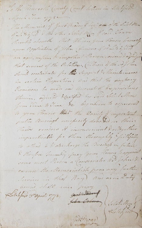 Manuscript Document: "Application of John Clenom of Litchfield an aged, infirm & Important Person ordered & adjudged that several of the Relations, Children of the sd. John should contribute for Support & Maintenance in certain proportion..." Signed by Select men Jacob Woodruff (crossed out), John Osborn (crossed out) and Jed Strong